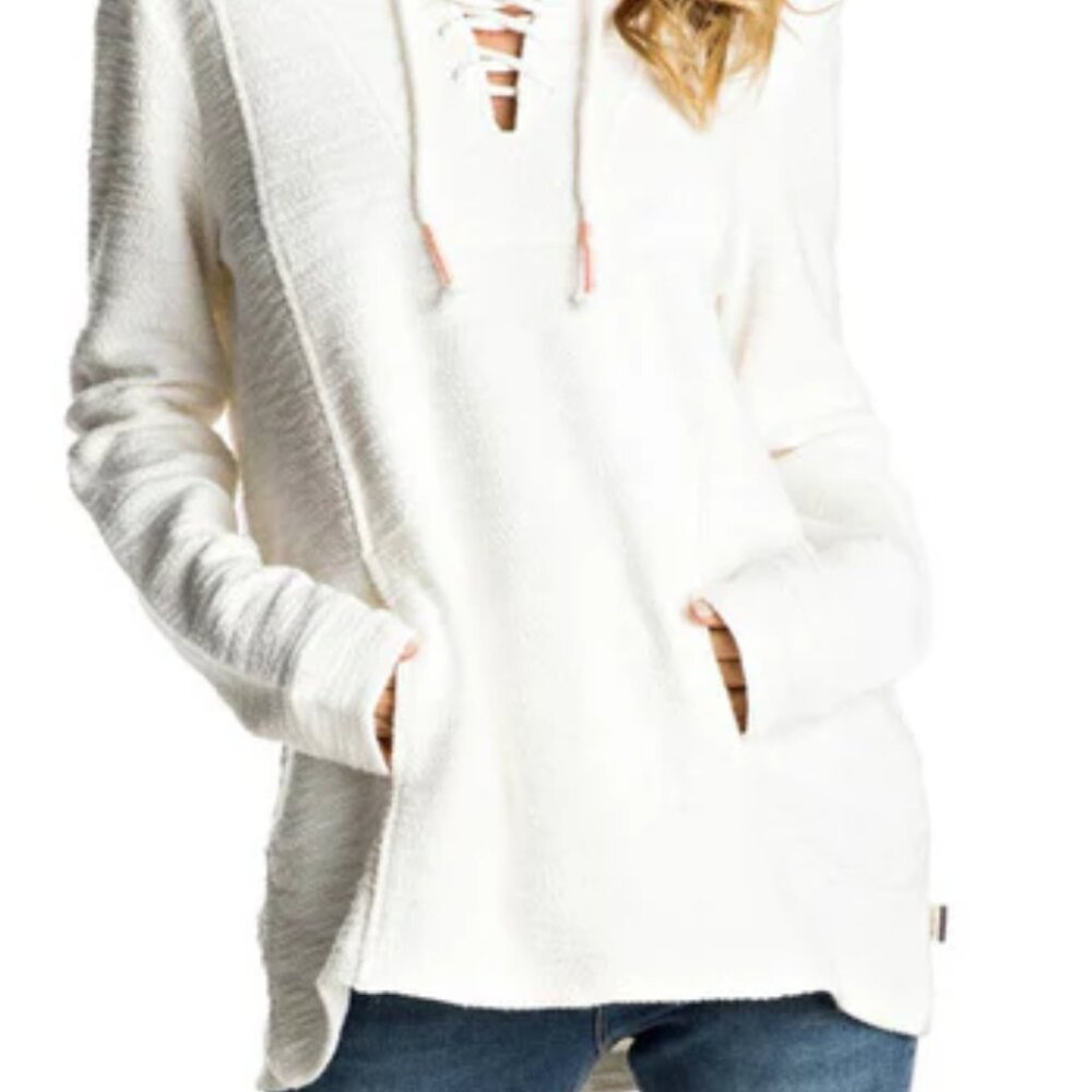 Roxy White Pearling Cotton Oversized Long-Sleeve Hoodie Hidden Pockets Size LG